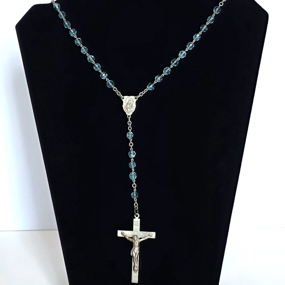 Vintage Teal Blue Glass Rosary Silver Tone Catholic Rosary